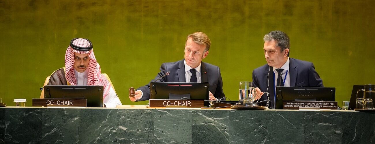 Emmanuel Macron gavels in the Conference for the Peaceful Settlement of the Question of Palestine and the Implementation of the Two-State Solution
