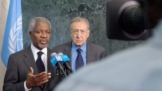 Secretary-General Kofi Annan and Special Adviser to the Secretary-General Lakhdar Brahimi brief correspondents upon their arrival at UN headquarters ahead of sending a UN team into Iraq