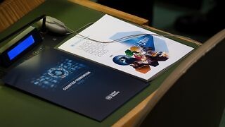 A view of pamphlets on a desk in the General Assembly Hall during the 4th High-Level Conference of Heads of Counter-Terrorism Agencies of Member States