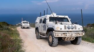 Peacekeepers serving with the UN Interim Force in Lebanon (UNIFIL) patrol along the Blue Line between Ras Naqoura and Labounieh