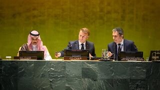 Emmanuel Macron gavels in the Conference for the Peaceful Settlement of the Question of Palestine and the Implementation of the Two-State Solution