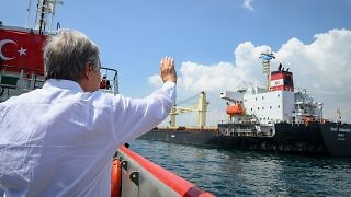 Secretary-General António Guterres oversees the departure of two ships involved in the Black Sea Grain Initiative